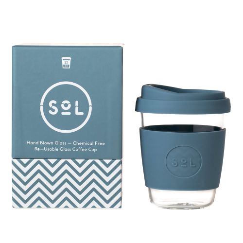 Reusable Glass Coffee Cup (Blue Stone) - 355ml (12oz)